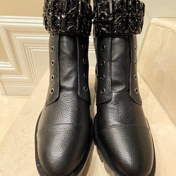 Karl Lagerfeld Paris Black Leather Combat Boots - Picture 2 of 7